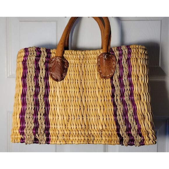 Hand Woven Moroccan Straw Market Mini Basket Natural Purple w/ Leather Handles